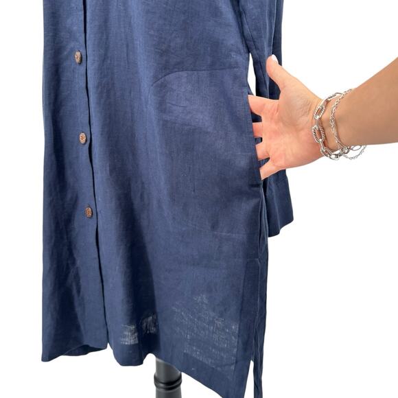 Go Silk Navy Blue 100% Linen Long Sleeves Button Front Shift Shirt Dress - Picture 4 of 13